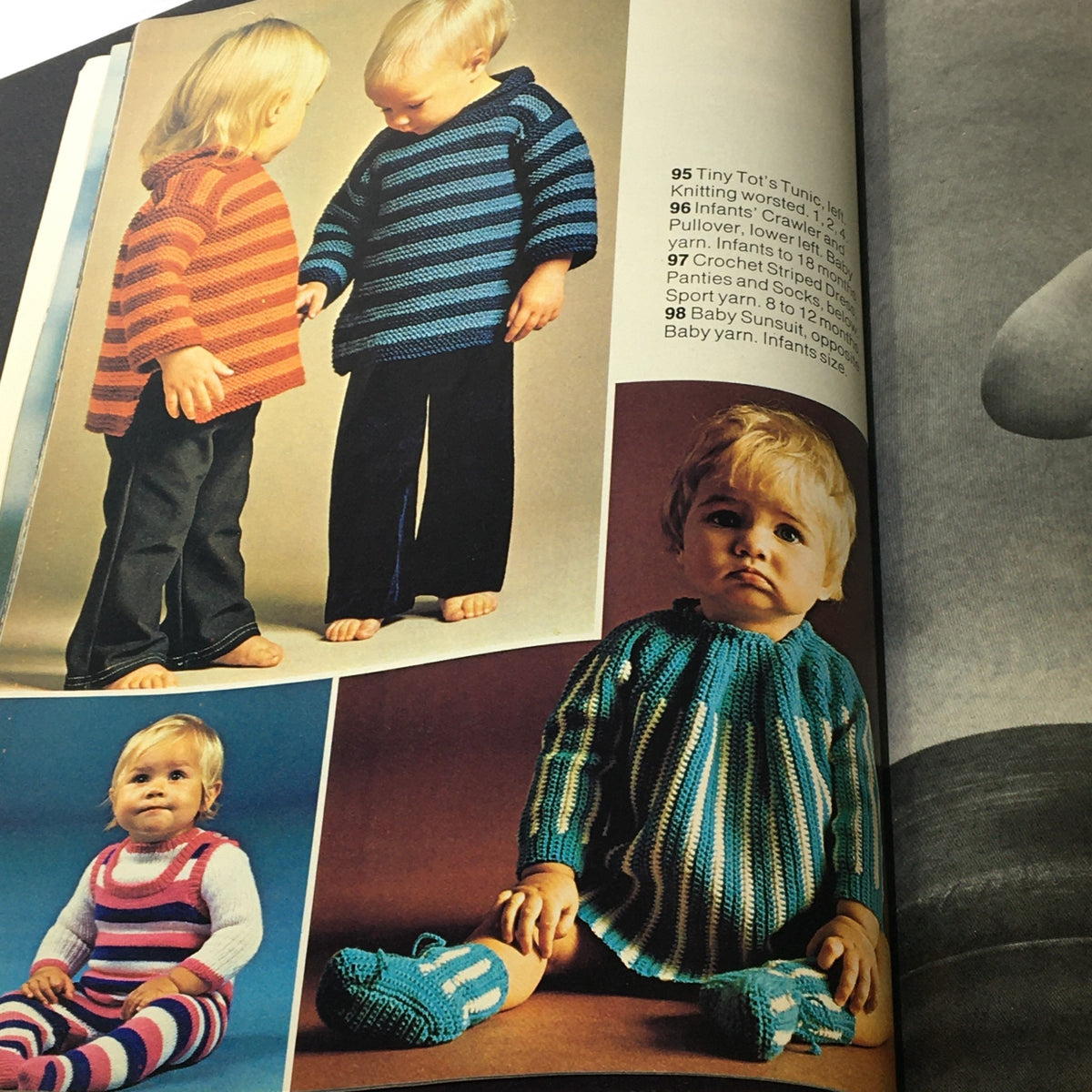 VTG Woman's Day 1972 Number 12 101 Sweaters Knit & Crochet Patterns, Newsstand showcasing adorable knitted outfits for infants and toddlers, including striped tunics and a baby sunsuit.