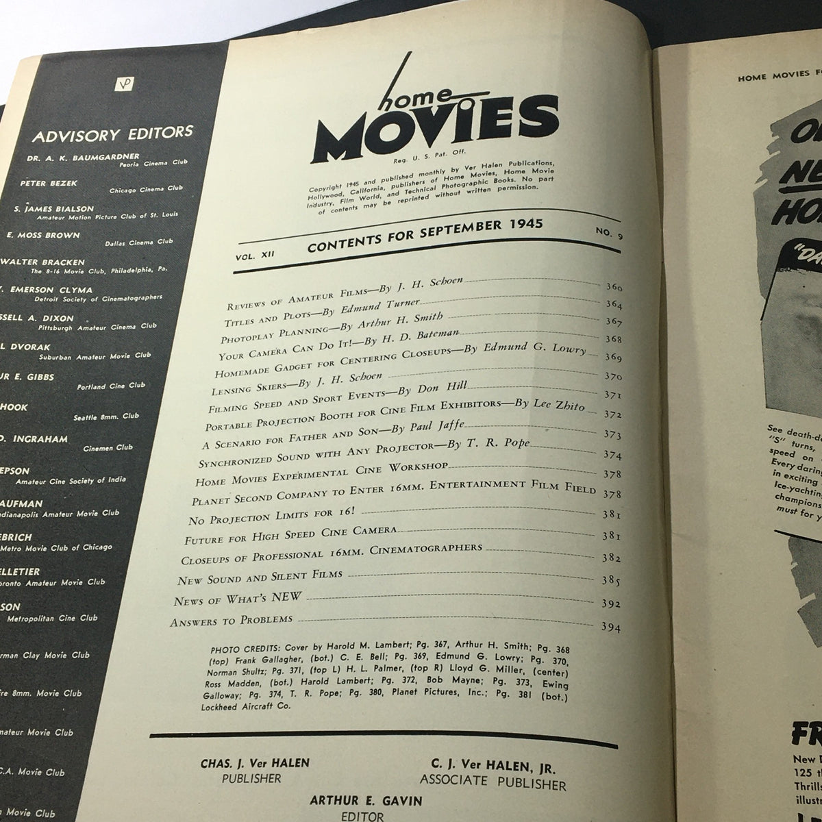 Interior page of VTG Home Movies Magazine September 1945 showing the contents list, including articles about filming techniques and sports coverage from the era.