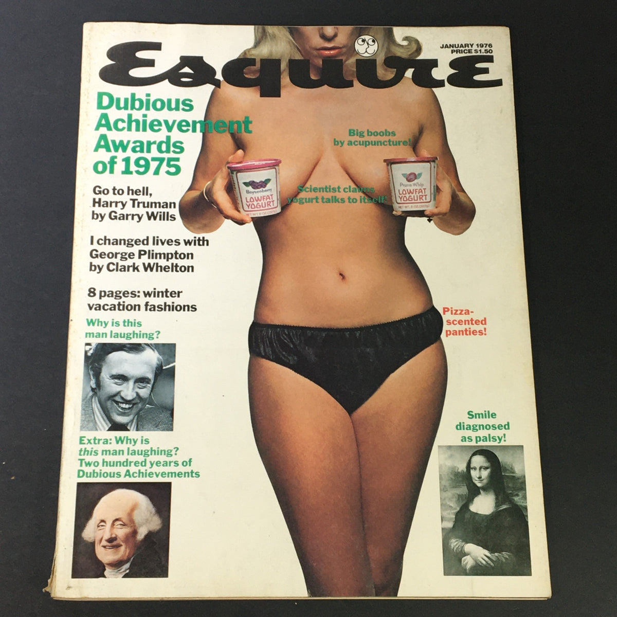 Cover of VTG Esquire Magazine January 1976 featuring the Dubious Achievement Awards of 1975, a model holding yogurt cups, and notable personalities such as Harry Truman and George Plimpton.