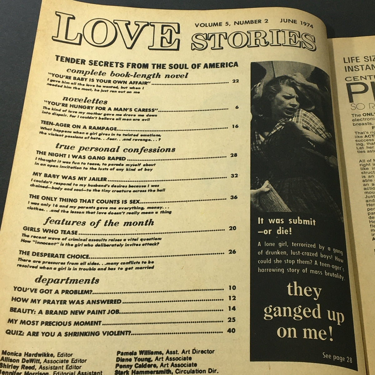 Interior page of VTG Love Stories Magazine June 1974 displaying table of contents, featuring titles such as 'Tender Secrets from the Soul of America' and 'You’re Hungry for a Man’s Caress'.
