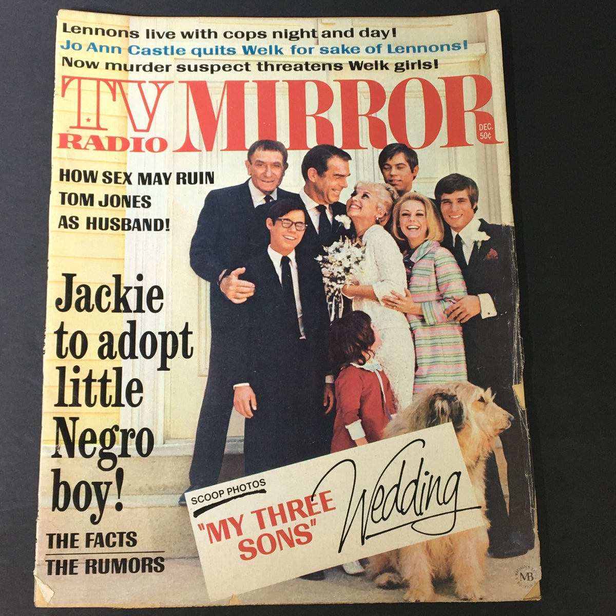Vintage TV Radio Mirror Magazine cover from December 1969 featuring Tom Jones and John Lennon, highlighting topics like Tom Jones' impact as a husband and celebrity wedding scoop photos from 'My Three Sons.'