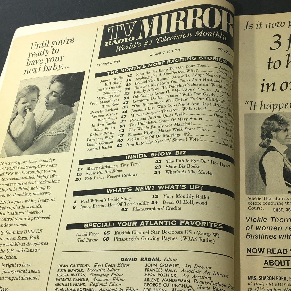 VTG TV Radio Mirror Magazine December 1969 featuring index and cover details including articles about Tom Jones and John Lennon, showcasing vintage entertainment culture.