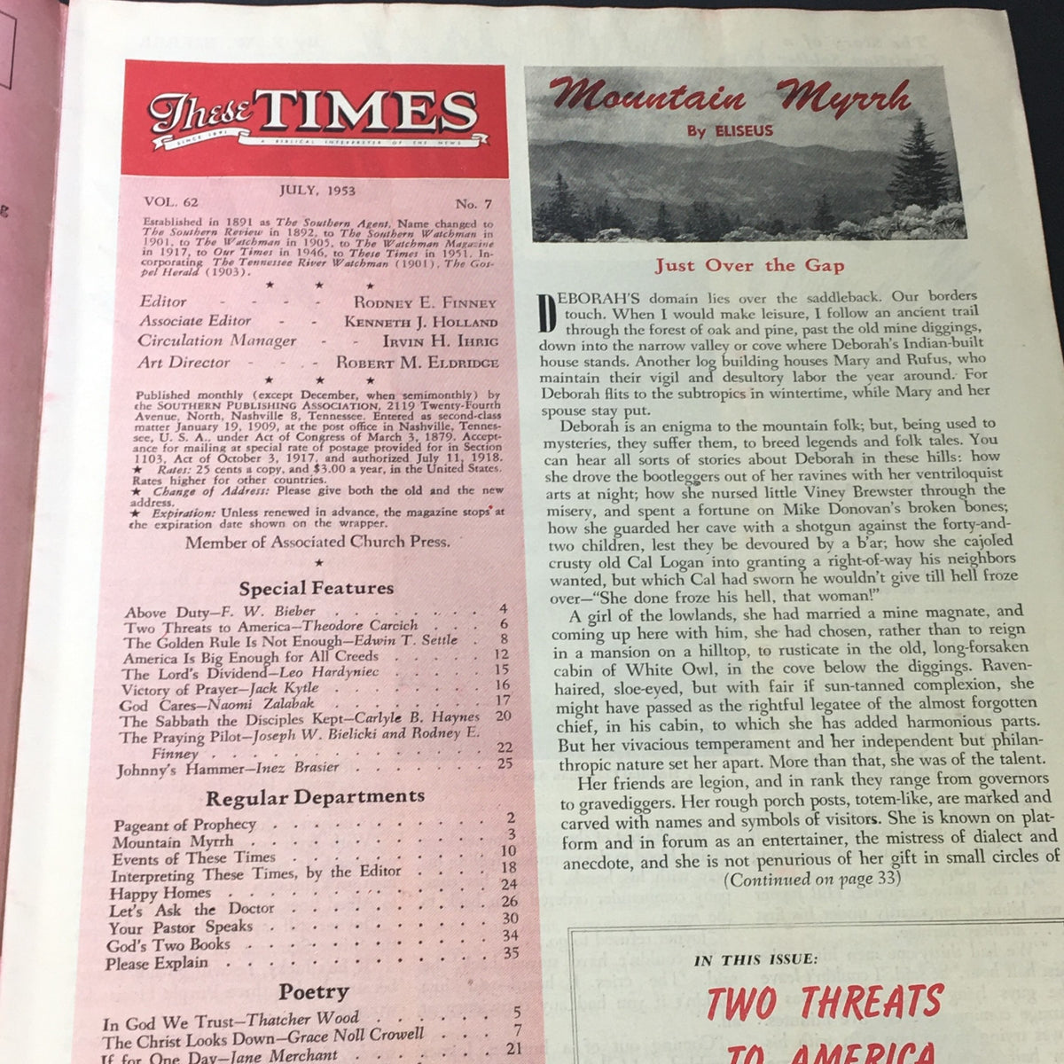Inside page of VTG These Times Magazine July 1953, featuring articles and editorial information, including the title "The Golden Rule is Not Enough."