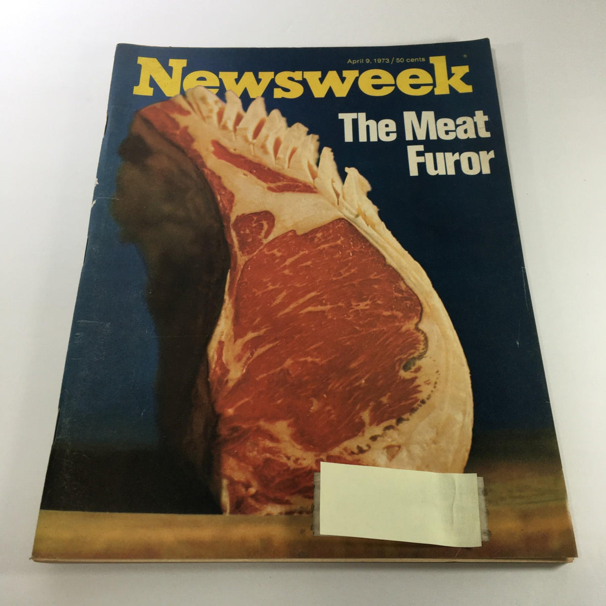 VTG Newsweek Magazine from April 9, 1973 featuring 'The Meat Furor' cover with a close-up image of a meat cut, showcasing its marbling and texture, ideal for collectors and history enthusiasts.
