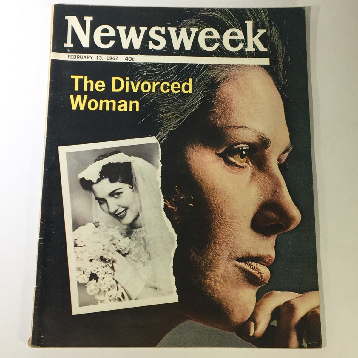Vintage Newsweek Magazine cover from February 13, 1967, featuring the title 'The Divorced Woman' alongside an image of a bride and a serious woman's profile, reflecting on cultural shifts regarding women.