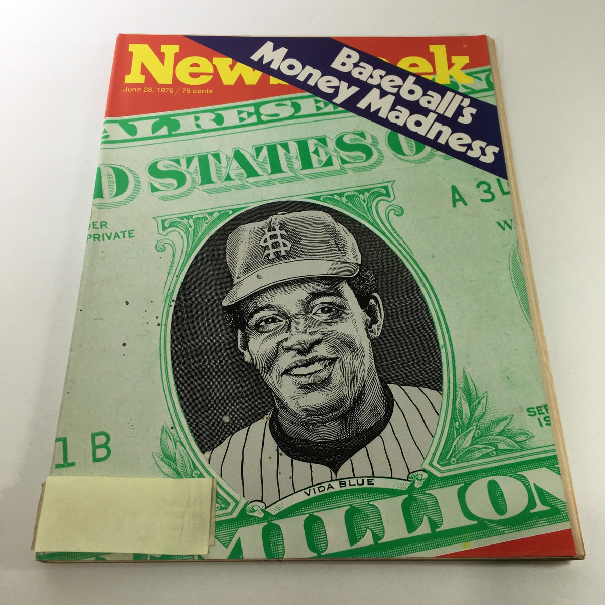 Cover of Newsweek Magazine from June 28, 1976, featuring 'Baseball's Money Madness' with an illustration of Vida Blue on a dollar bill design.