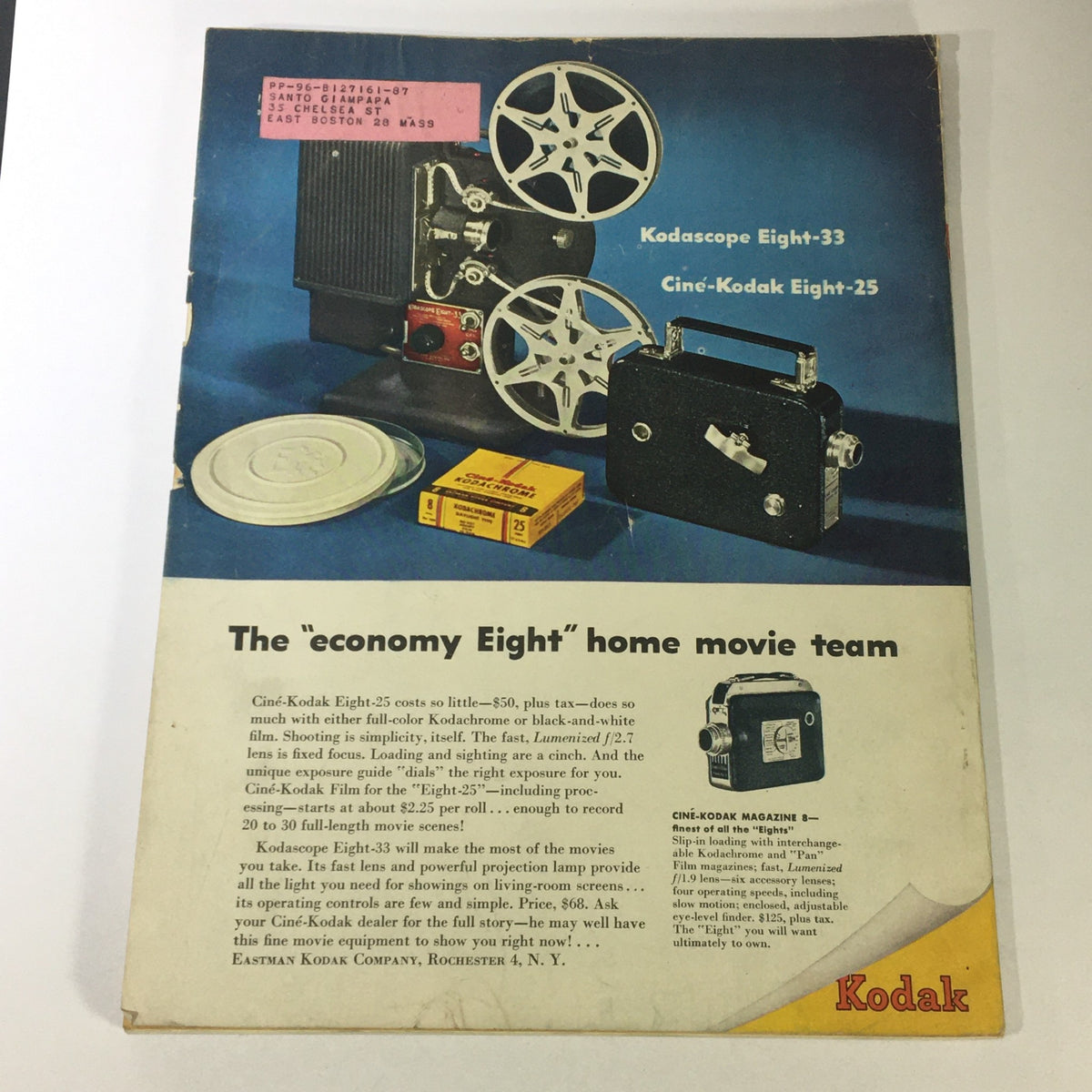 Back cover of Popular Photography Magazine from March 1947 featuring advertising for Kodak movie equipment, including Kodascope Eight-33 and Ciné-Kodak Eight-25, emphasizing home movie capabilities.