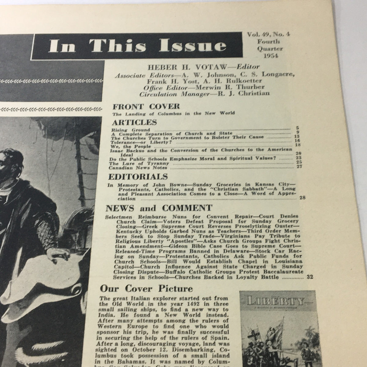 Inside page of VTG Liberty Magazine 1954 Vol 49 #4, detailing contents including articles and features from the fourth quarter.