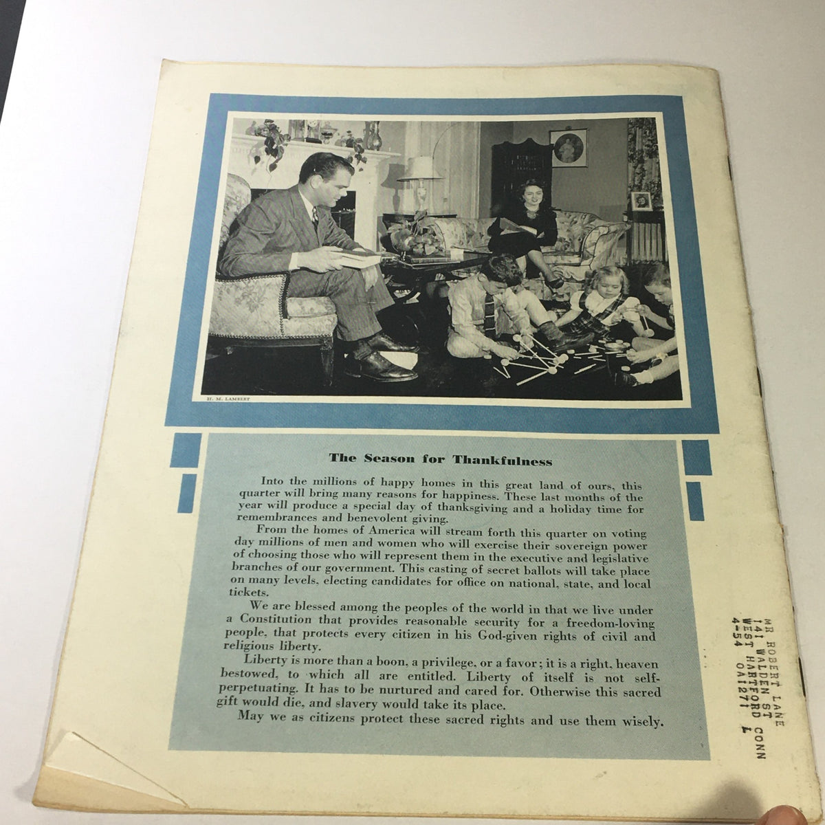 Back cover of VTG Liberty Magazine 1954 Vol 49 #4 The Landing of Columbus In The New World, featuring an illustration entitled 'The Season for Thankfulness' and a family scene with children playing in a cozy living room.