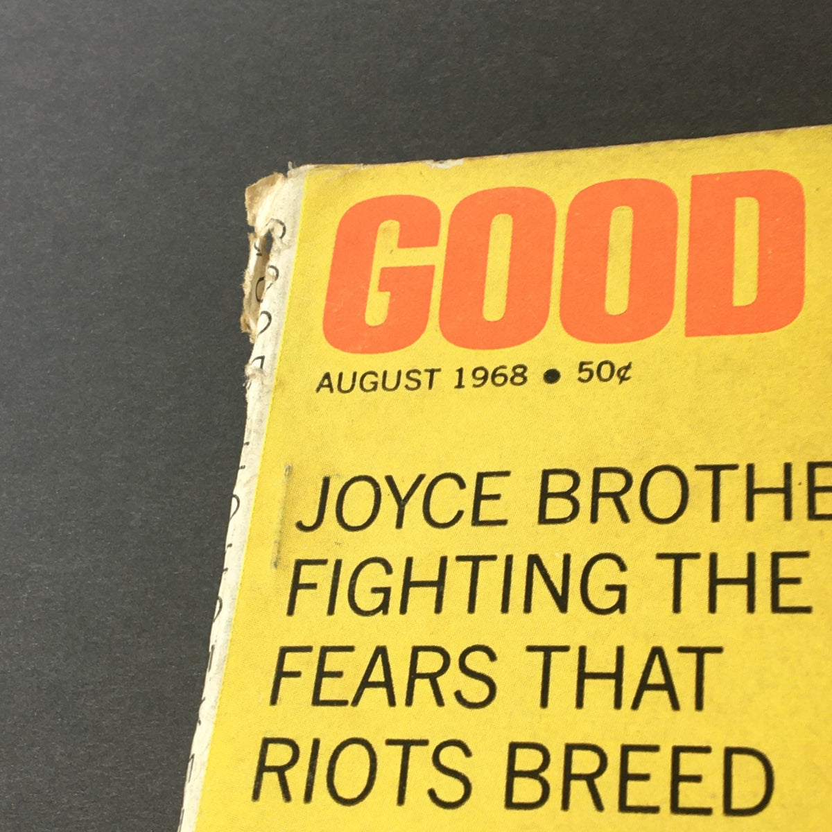 Close-up of the August 1968 Good Housekeeping Magazine cover featuring bold title and text about Joyce Brothers.