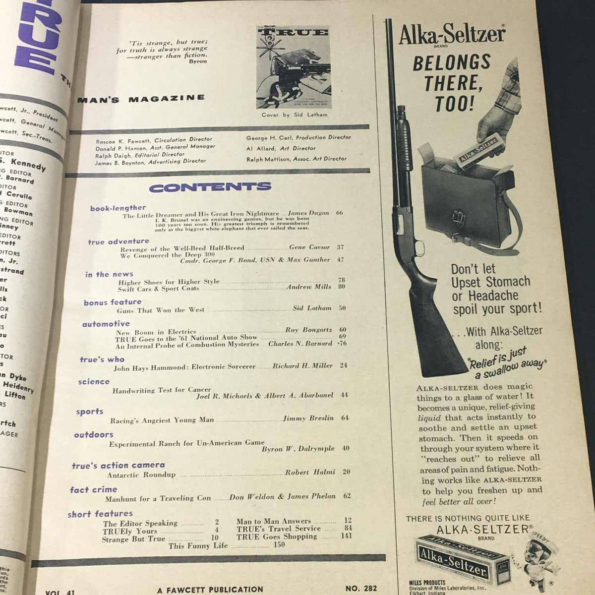 Contents page of VTG True The Man's Magazine November 1960, Volume 41, outlining articles including "Guns That Won The West" and an advertisement for Alka-Seltzer.