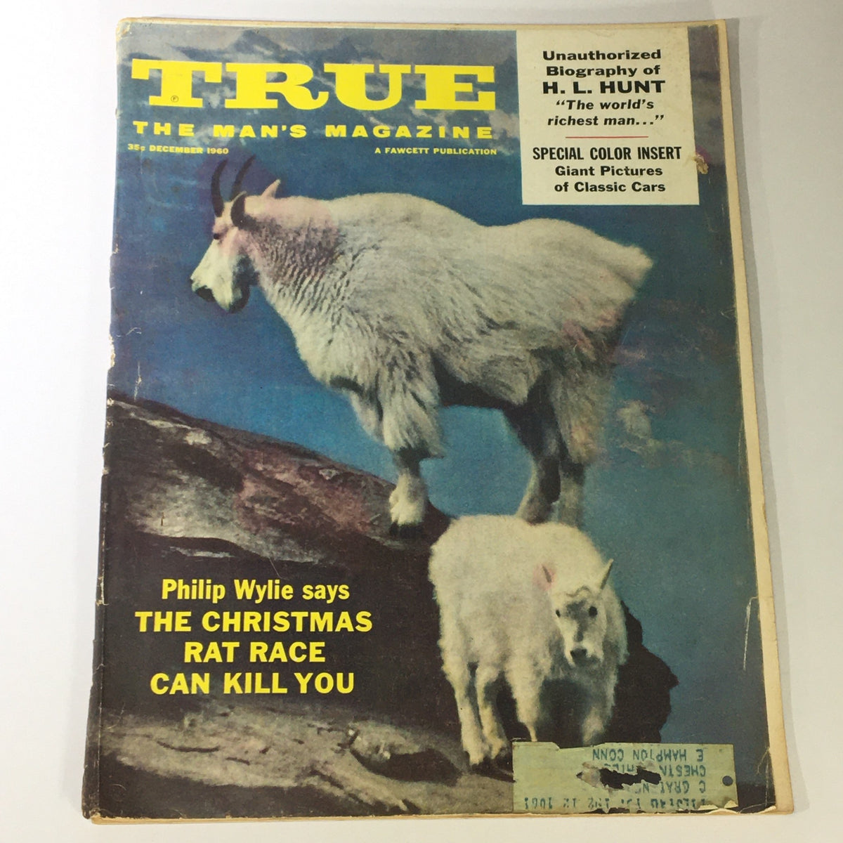 VTG True: The Man's Magazine December 1960 cover featuring Philip Wylie's article 'The Christmas Rat Race Can Kill' with a striking image of mountain goats.