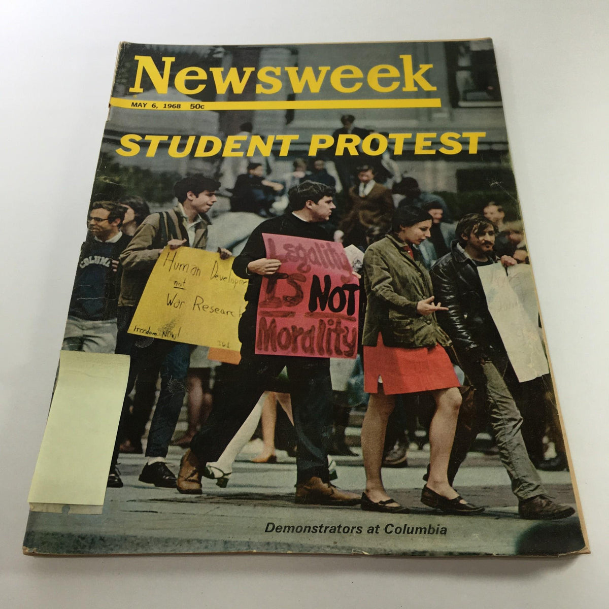 Cover of Newsweek Magazine dated May 6, 1968, featuring a student protest at Columbia University with demonstrators holding protest signs. This vintage magazine captures significant moments from the 1960s social upheaval.