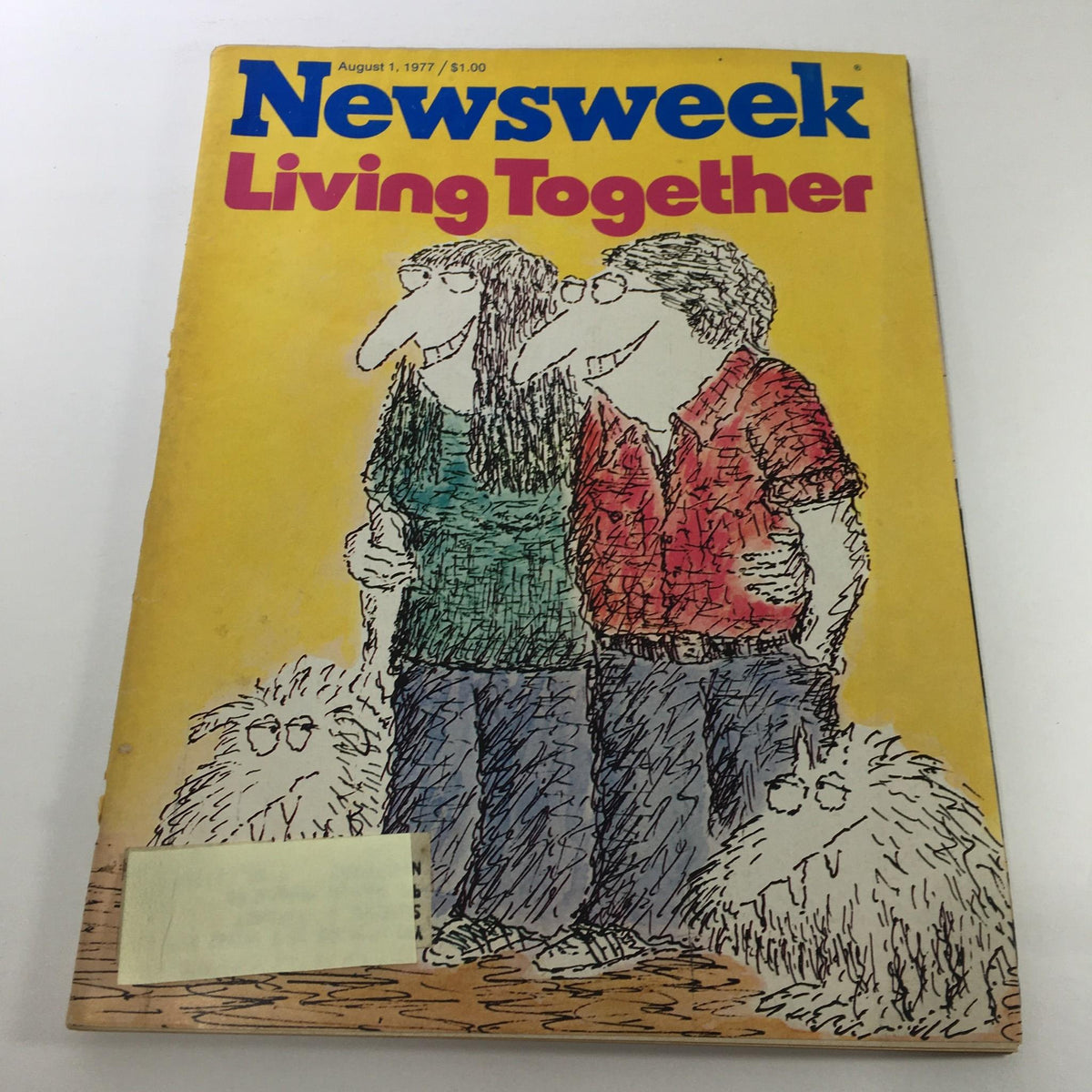 Cover of Newsweek Magazine, August 1, 1977, featuring the title 'Living Together' with illustrated characters and playful cartoons in a vibrant yellow background.