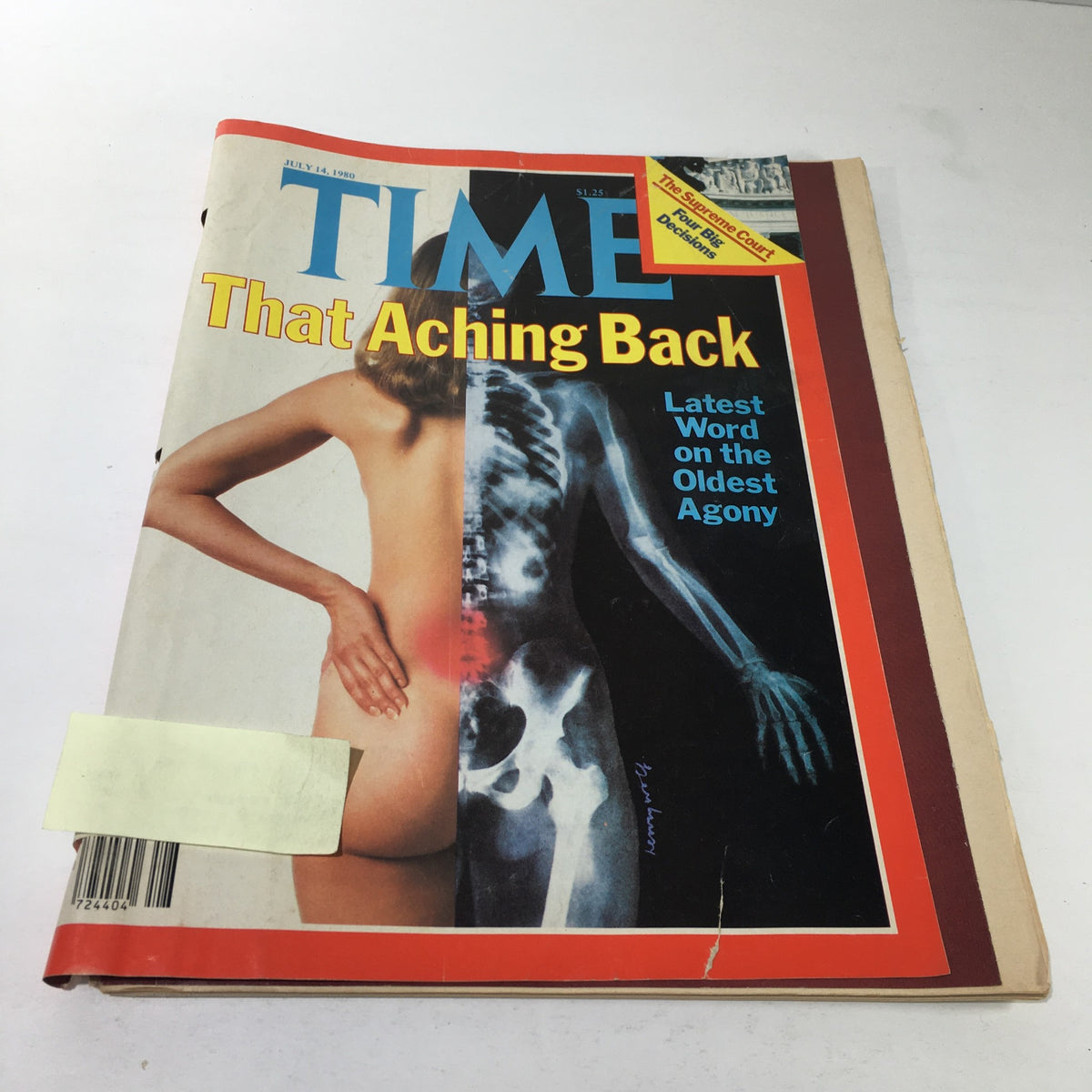 Time Magazine cover from July 14, 1980, featuring the title 'That Aching Back: Latest Word on the Oldest Agony'. The cover displays a woman holding her lower back alongside an X-ray illustration highlighting spinal anatomy, emphasizing the theme of back pain and health discussions.