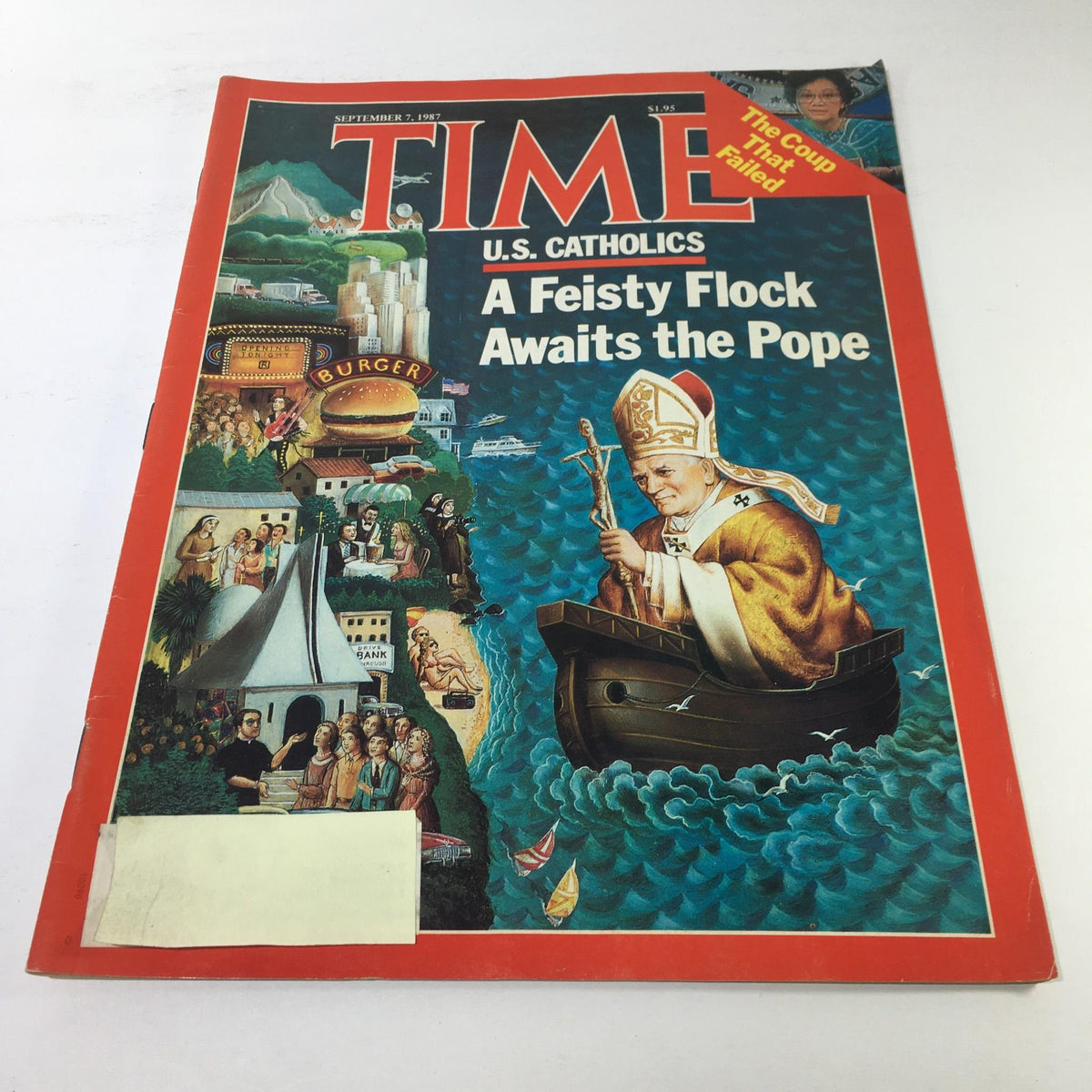 Cover of Time Magazine from September 7, 1987, titled 'U.S. Catholics: A Feisty Flock Awaits the Pope.' The cover features an illustrated scene depicting various aspects of the U.S. Catholic community, including a depiction of the Pope on a boat, amidst vibrant cultural imagery and historical references.