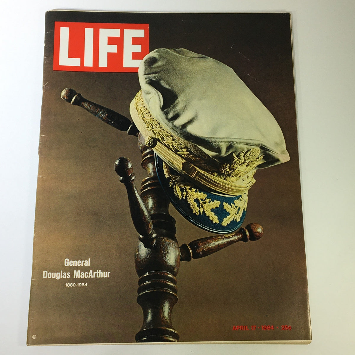 VTG Life Magazine April 17 1964 cover featuring a military cap for General Douglas MacArthur, showcasing classic 1960s magazine design.