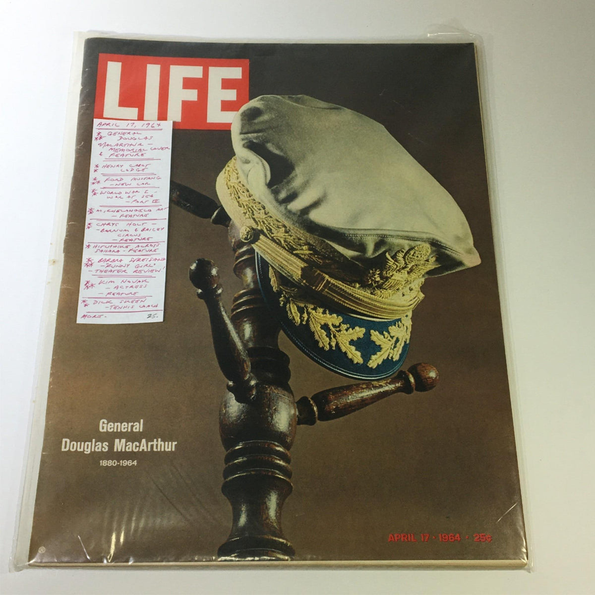 VTG Life Magazine April 17 1964 with a protective plastic cover and a price tag, honoring General Douglas MacArthur on its front.