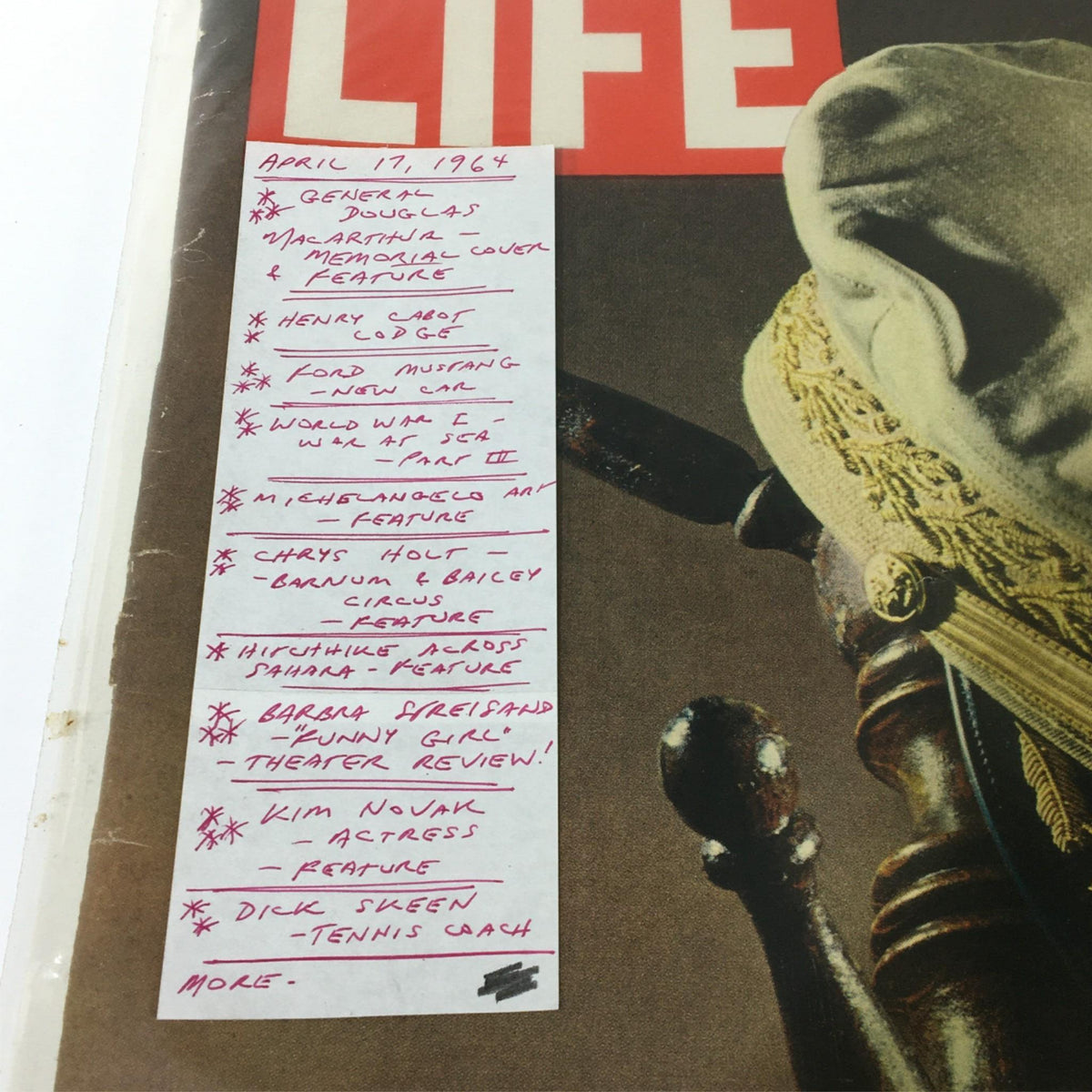 VTG Life Magazine April 17 1964 featuring a handwritten list of articles including General Douglas MacArthur's memorial and other notable topics.