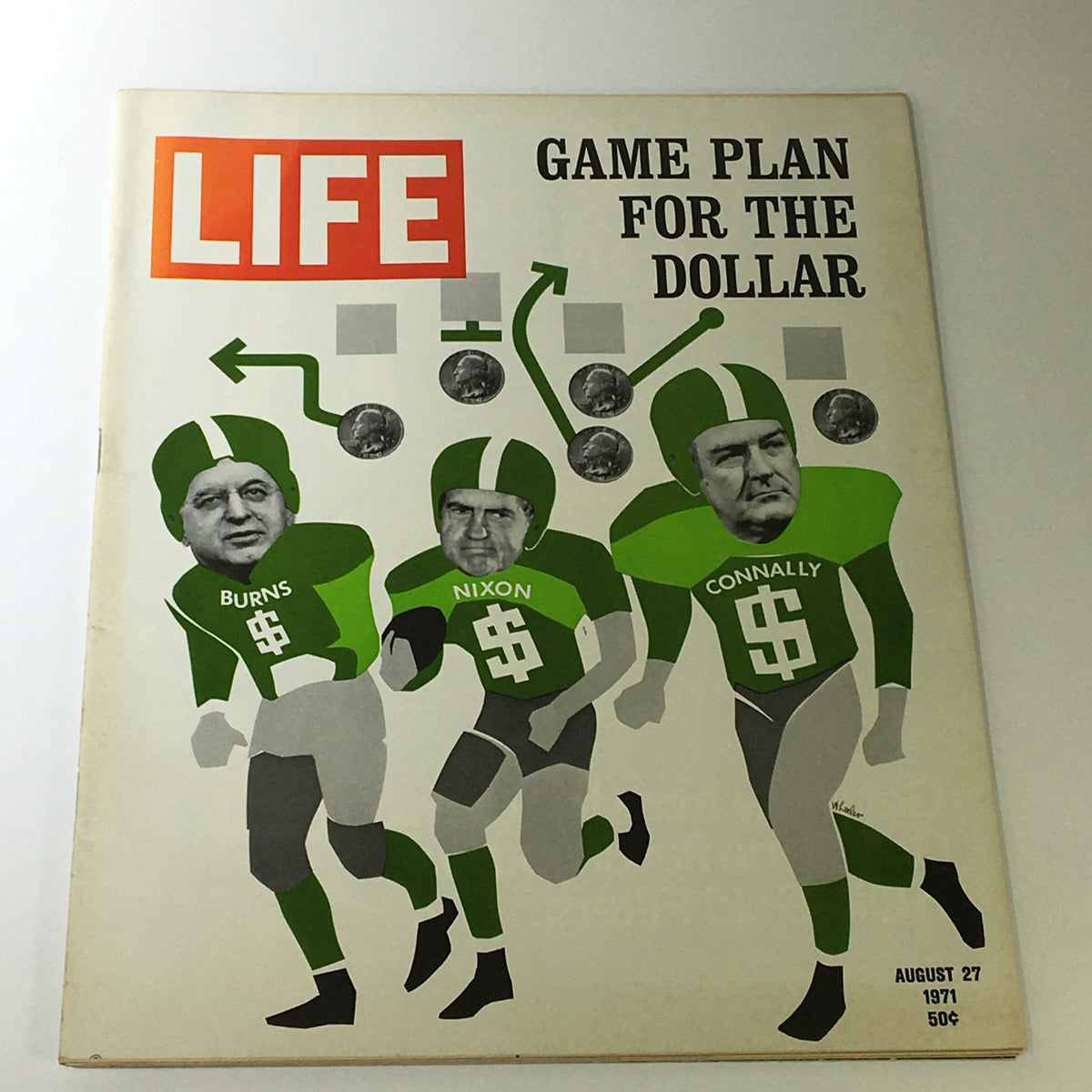 Cover of Life Magazine August 27, 1971, featuring Richard Nixon, John Connally, and Arthur Burns as football players with dollar signs, titled 'Game Plan for the Dollar'.