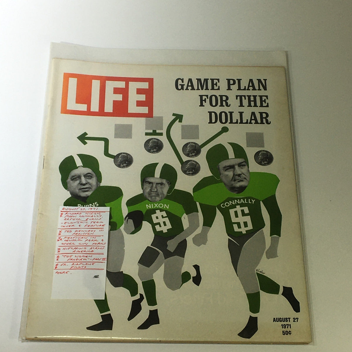 Life Magazine August 27, 1971 cover showing Richard Nixon, John Connally, and Arthur Burns in football attire, with a label and the title 'Game Plan for the Dollar'.