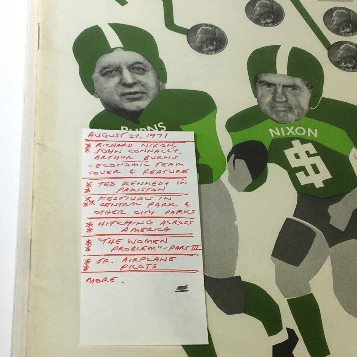 Close-up of Life Magazine August 27, 1971 cover highlighting Richard Nixon and John Connally with a list of contents including economic features and events.