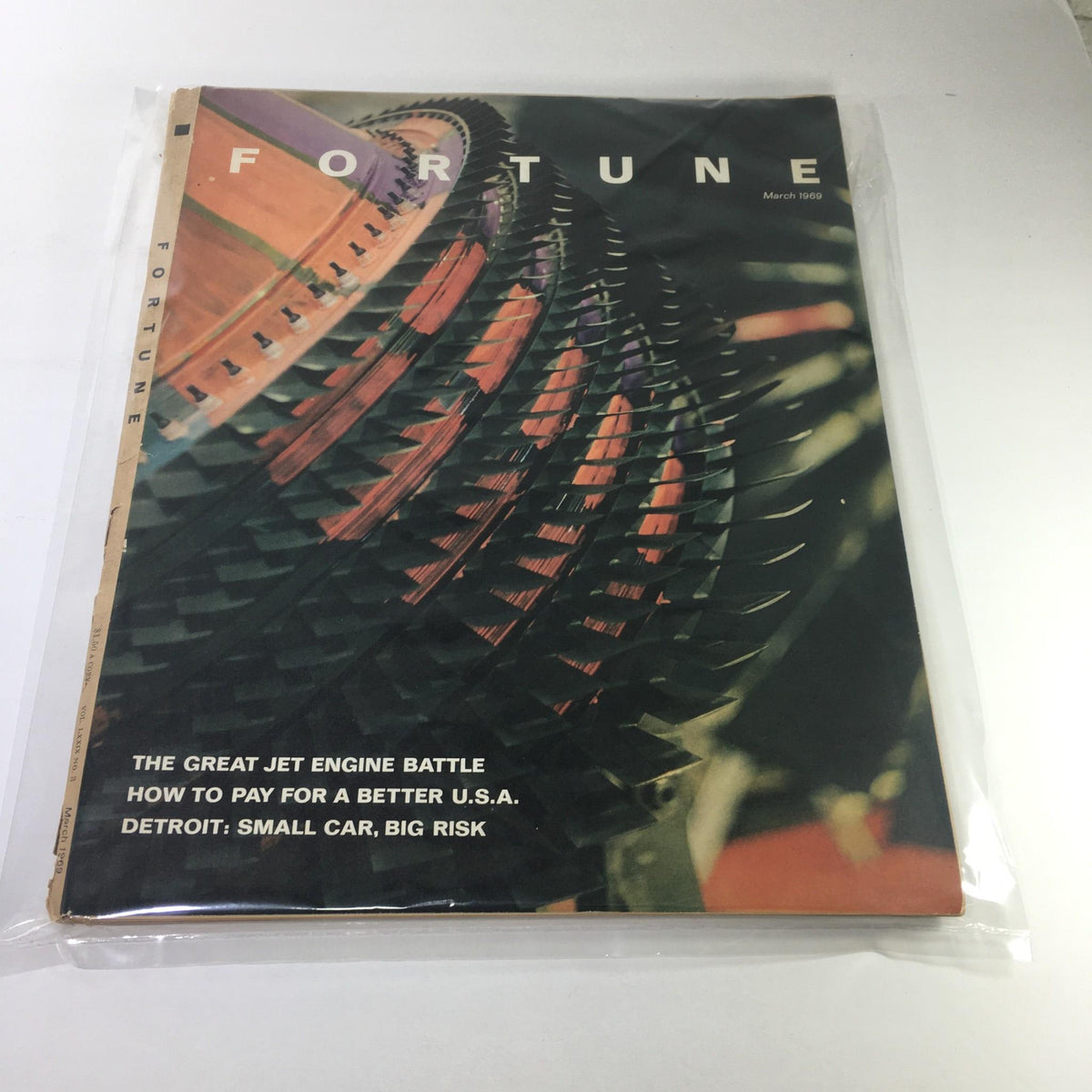 Fortune Magazine, March 1969 issue featuring the cover story 'The Great Jet Engine Battle,' showcasing a striking image of jet engine components, encapsulated in plastic for preservation.