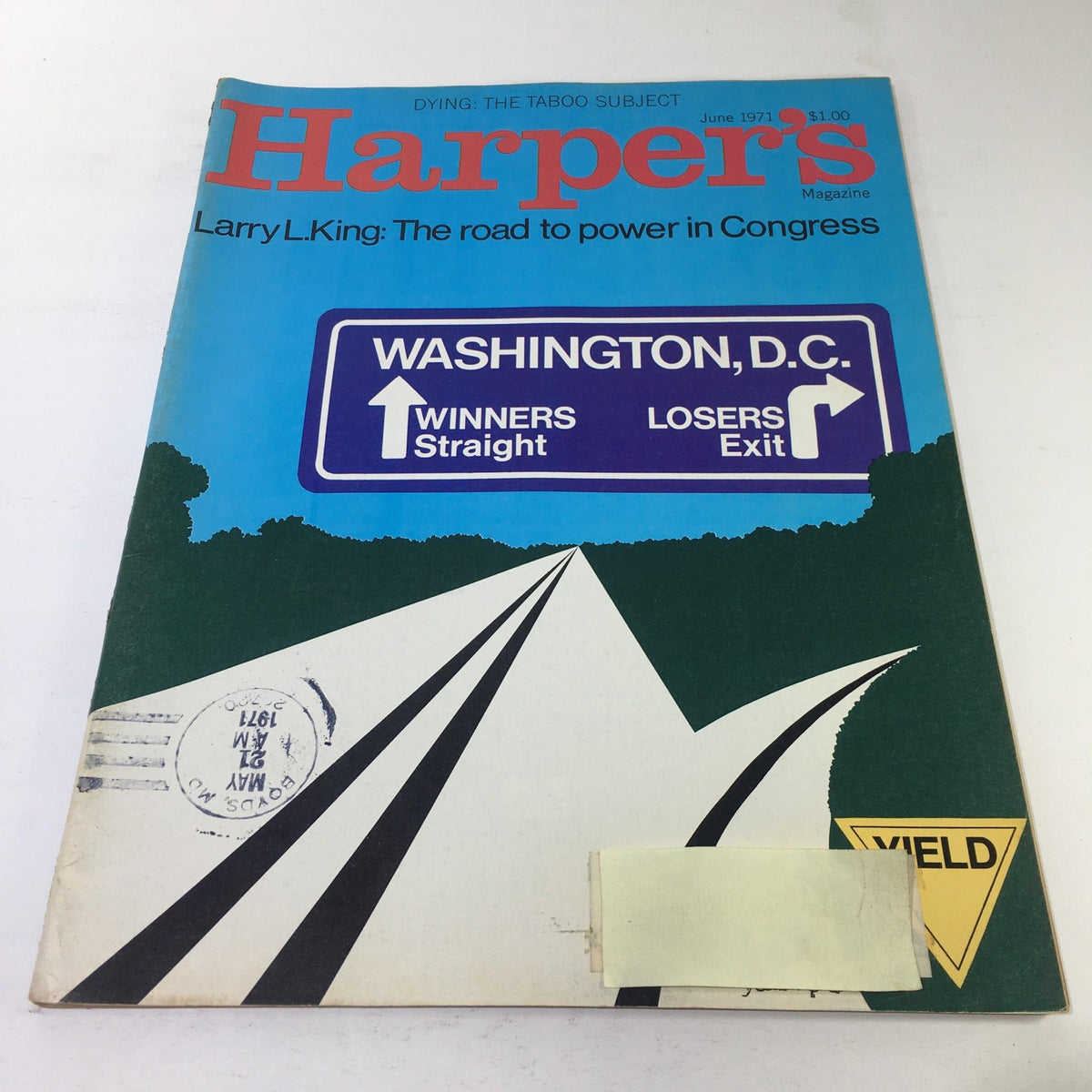 Cover of The Atlantic Magazine, June 1971, featuring the article by Larry L. King titled 'The Road to Power in Congress'. The cover displays a vibrant blue background with a road sign indicating 'WASHINGTON, D.C.' and directions for 'Winners Straight' and 'Losers Exit', highlighting the political theme of the issue.