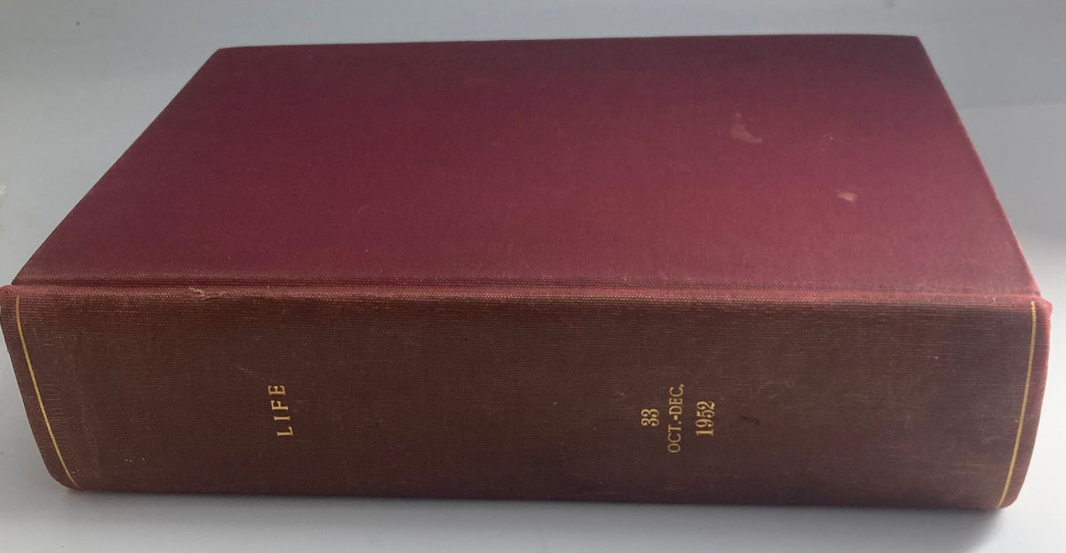 Spine view of the VTG 1952 Bound Life Magazine displaying the title and publication date, capturing the essence of historical magazine collections.