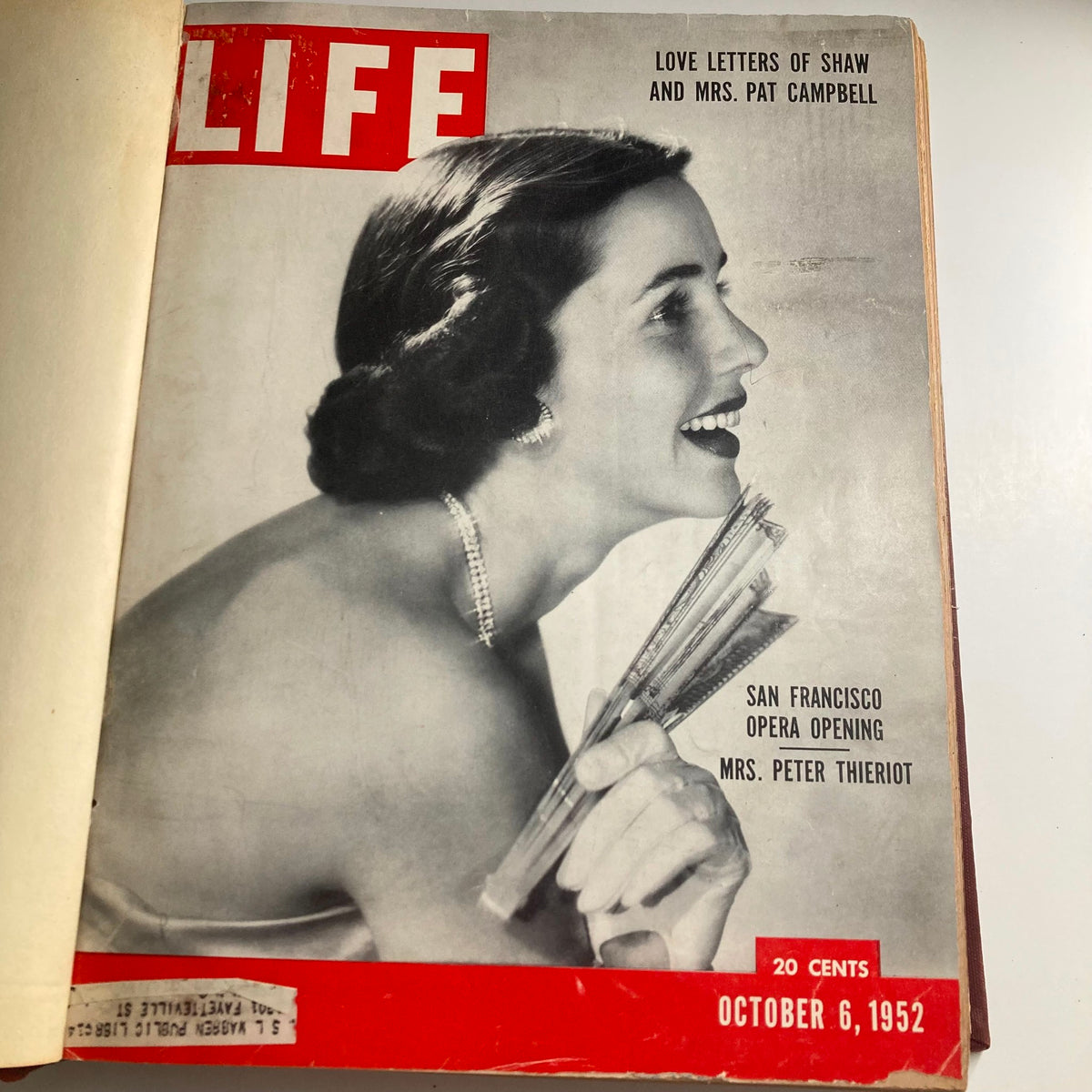 Cover of VTG 1952 Bound Life Magazine featuring Mrs. Peter Thieriot at the San Francisco Opera Opening, dated October 6, 1952.