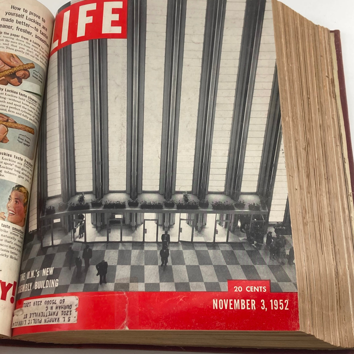 Cover of VTG 1952 Bound Life Magazine showcasing the United Nations New Assembly Building, dated November 3, 1952.