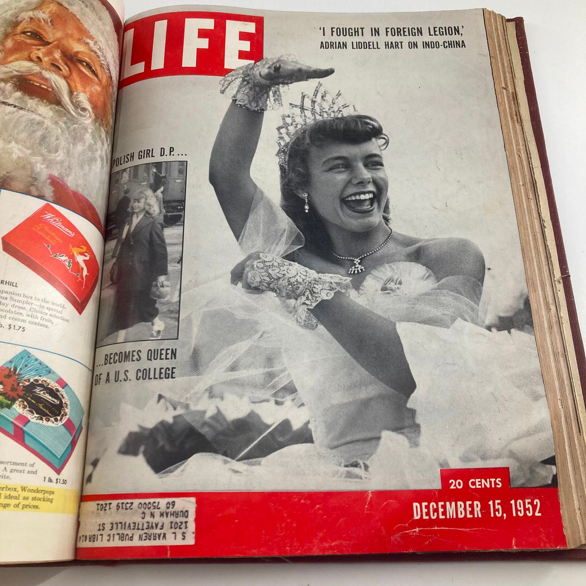 VTG 1952 Bound Life Magazine featuring a festive cover image with a smiling Polish girl who becomes queen of a U.S. college, dated December 15, 1952.