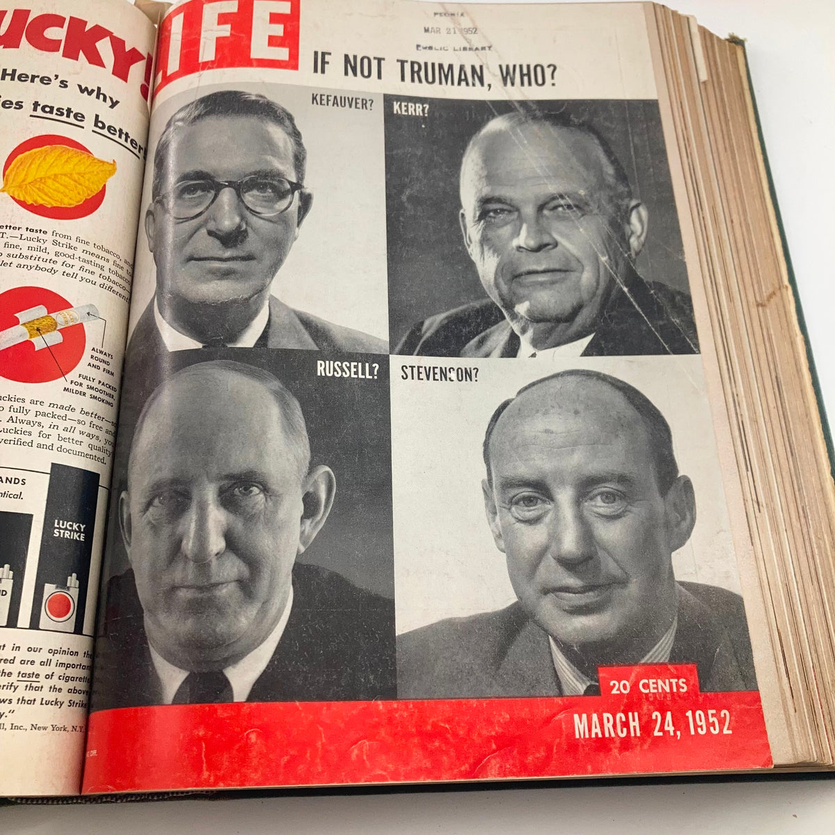 VTG 1952 Bound Life Magazine cover discussing political figures in the U.S., dated March 24, 1952.