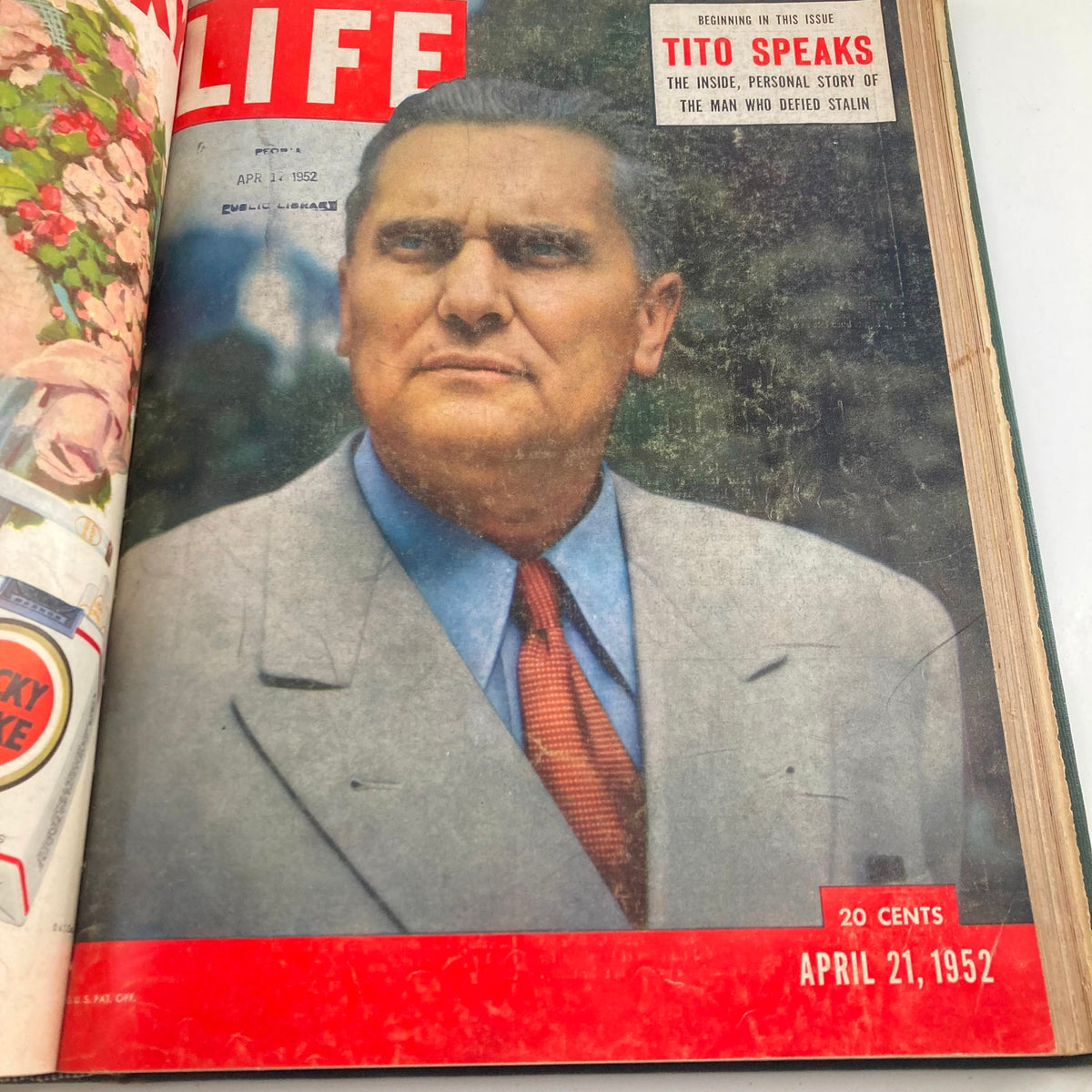 Cover of the VTG 1952 Bound Life Magazine featuring Tito, with the title 'Tito Speaks' dated April 21, 1952. Highlighting important historical insights.