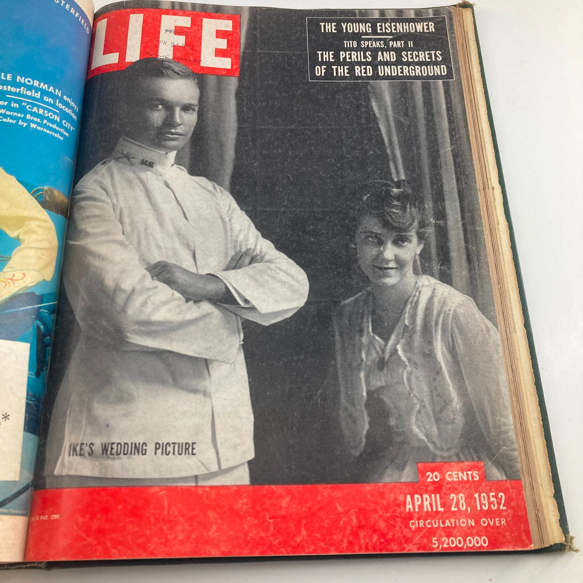 VTG 1952 Bound Life Magazine cover showing Ike's Wedding Picture, dated April 28, 1952, portraying significant cultural and political moments of the era.