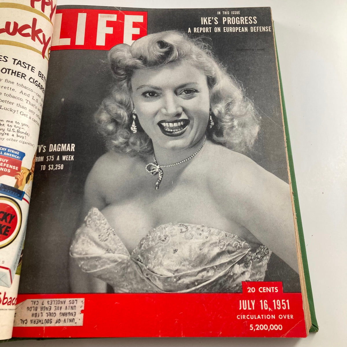 Interior page of the Vintage 1951 Bound Life Magazine featuring Dagmar, reflecting pop culture from July 16, 1951.