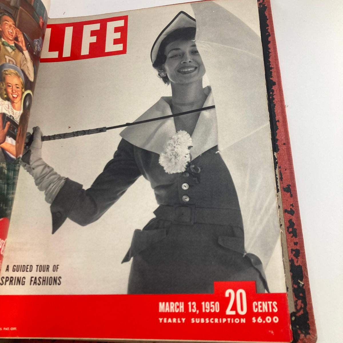 Cover of VTG 1950 Bound Life Magazine featuring a female model with a floral umbrella, March 13, 1950 issue, showcasing spring fashion.