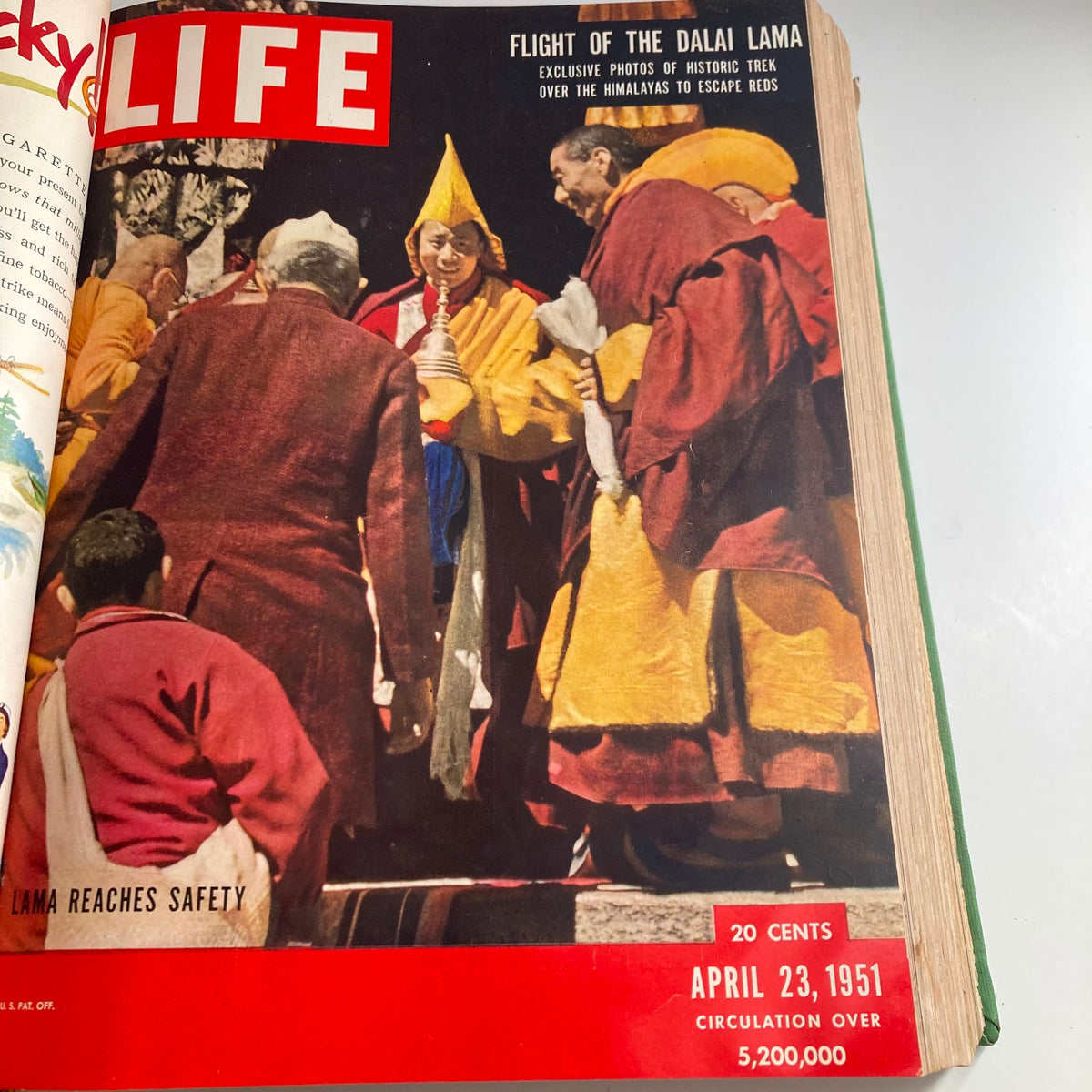 Cover of VTG 1951 Bound Life Magazine highlighting the Flight of the Dalai Lama, dated April 23, 1951, featuring exclusive photos of his trek.