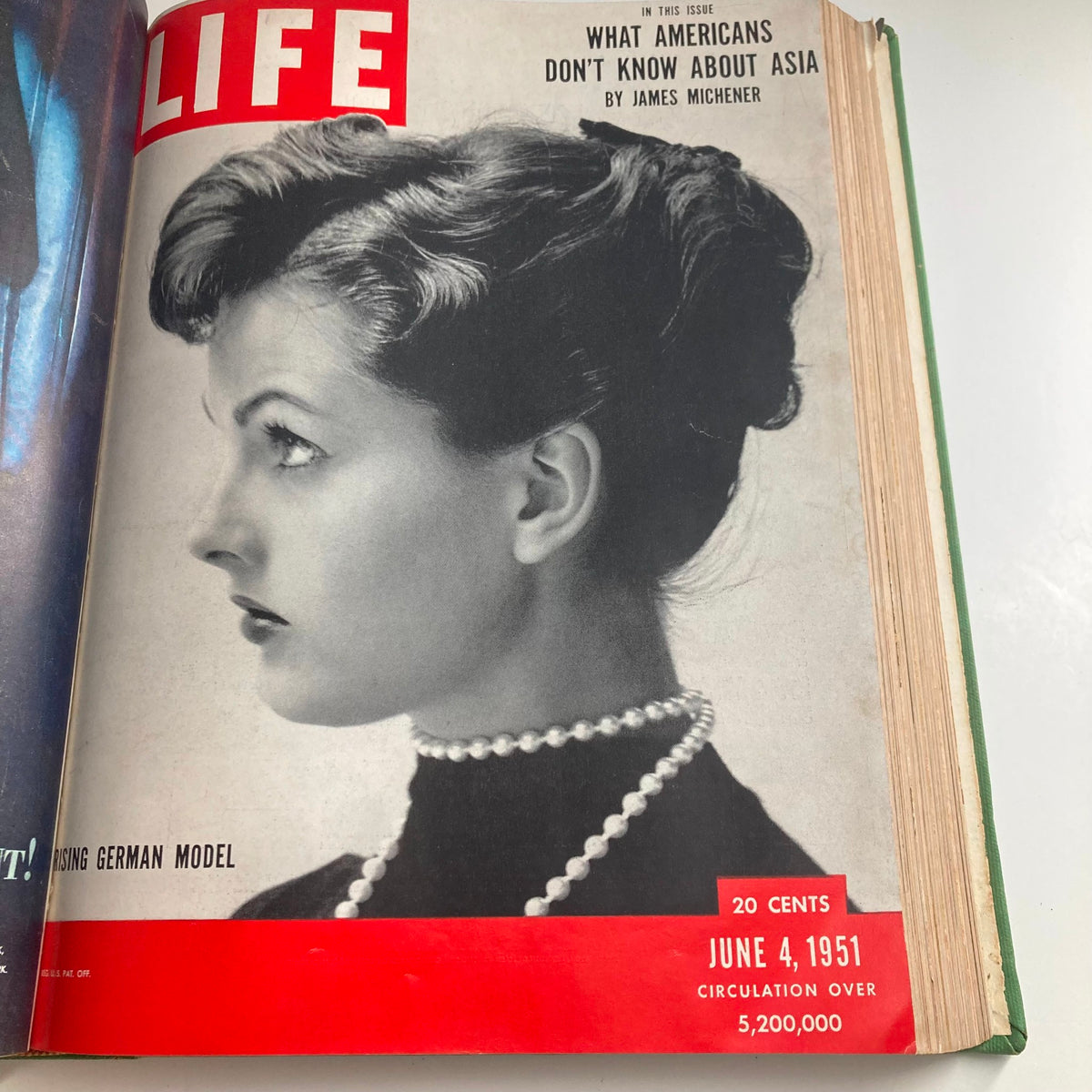 Cover of VTG 1951 Bound Life Magazine from June 4 featuring a German model with pearl necklace and article on Asia.