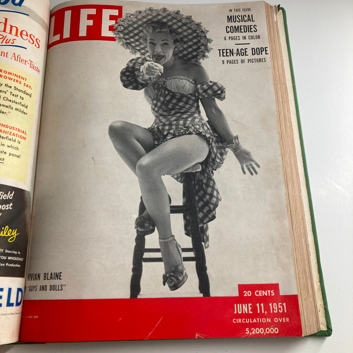 Cover of VTG 1951 Bound Life Magazine from June 11 showcasing actress Vivian Blaine on a stool, promoting musical comedies.