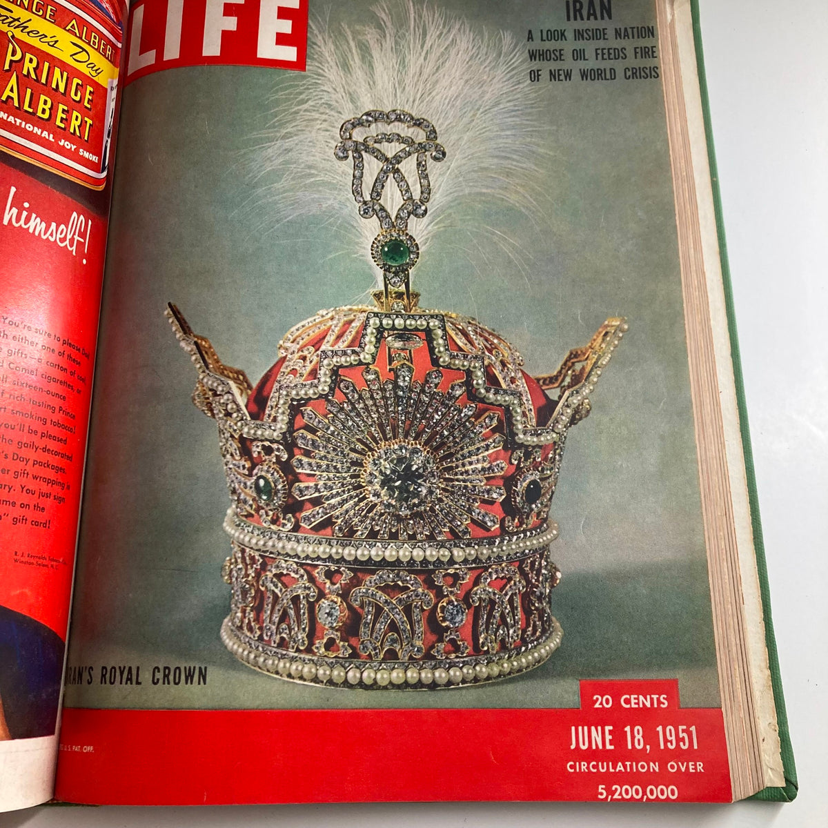 Cover of VTG 1951 Bound Life Magazine from June 18 displaying the royal crown of Iran amidst political commentary.