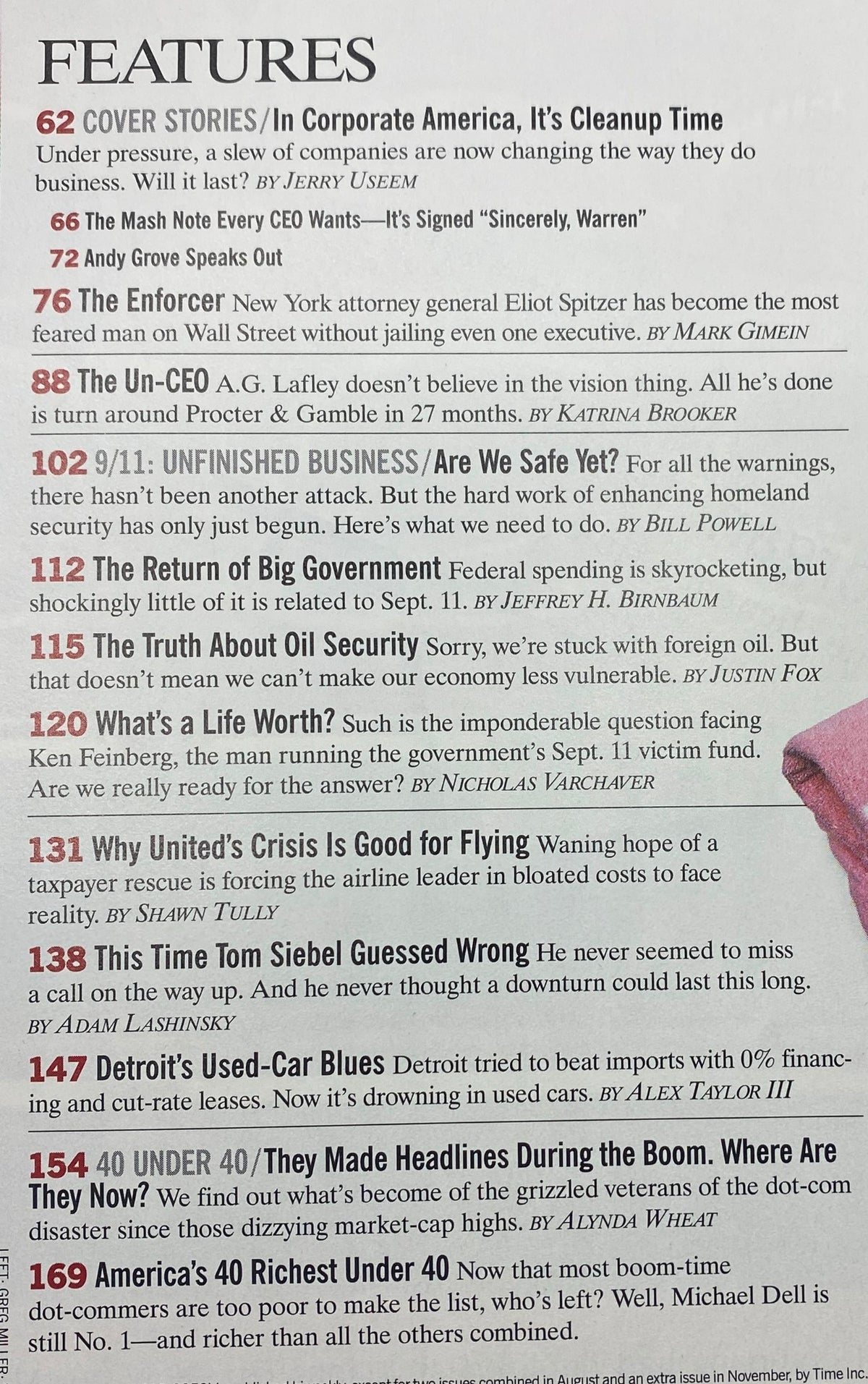Page from Fortune Magazine detailing features including 'In Corporate America, It’s Cleanup Time' and 'The Enforcer' by Eliot Spitzer, from September 16, 2002.