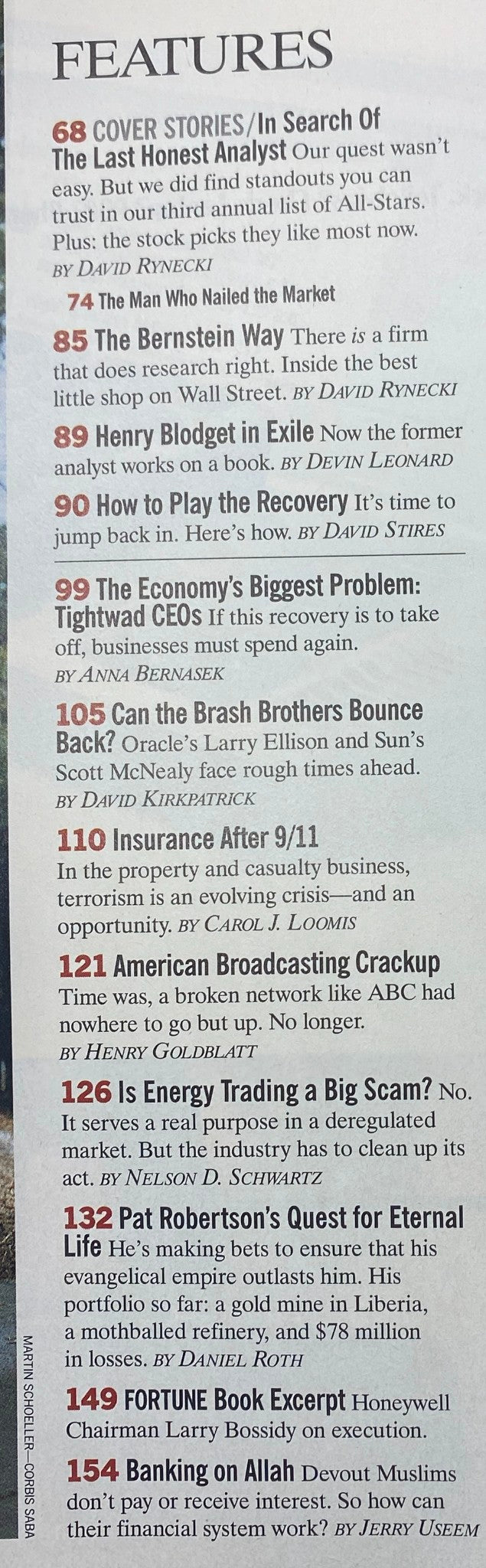 Table of contents from Fortune Magazine, June 10, 2002. Features articles including 'The Bernstein Way' and 'The Economy's Biggest Problem', showcasing important financial discussions of the time.