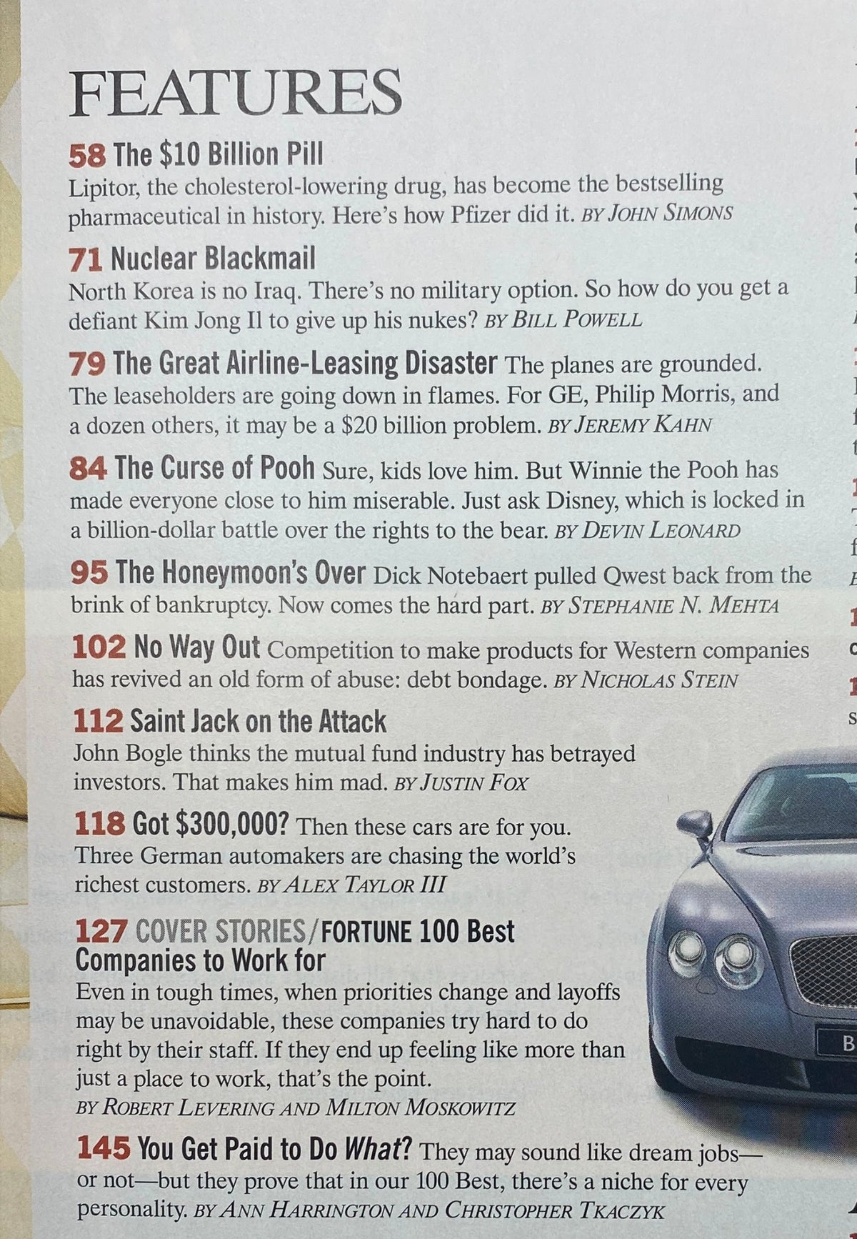Fortune Magazine January 20, 2003 features content including 'The $10 Billion Pill' discussing Lipitor and 'Nuclear Blackmail' analyzing North Korea's geopolitics. Illustrates articles on workplace culture and corporate insights.