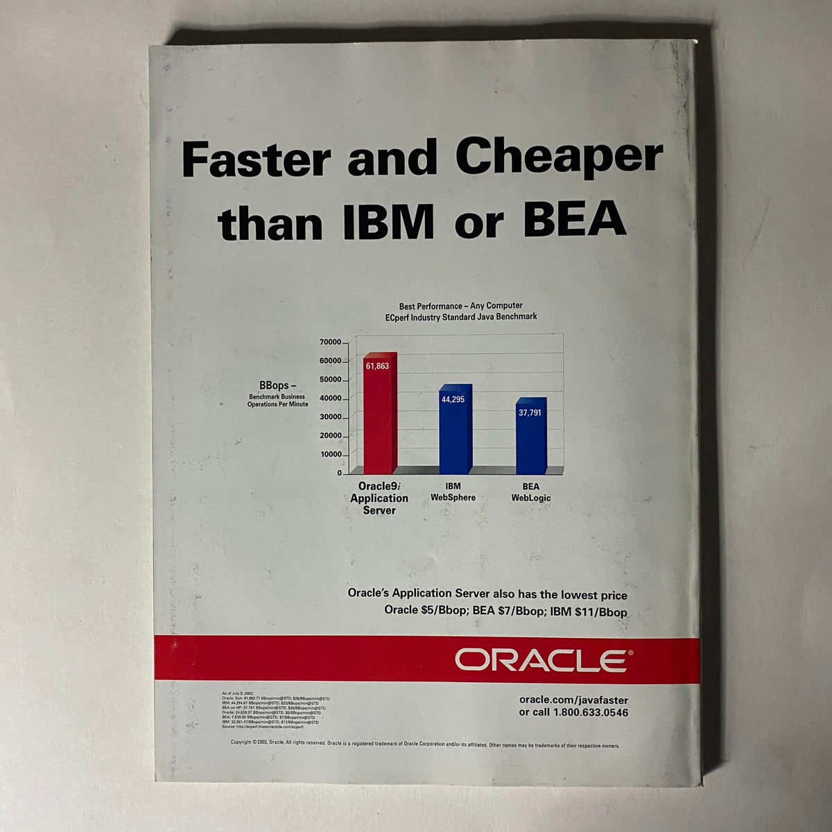 Fortune Magazine January 20, 2003 advertisement page showcasing Oracle's Application Server, emphasizing performance comparisons with IBM and BEA. Highlights an essential technological offering within the magazine.