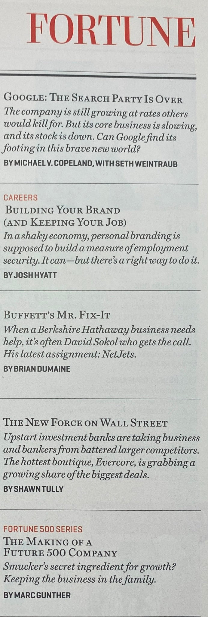 Inside page of Fortune Magazine August 16, 2010, showcasing articles including 'Google: The Search Party Is Over', 'Building Your Brand', and 'Buffett's Mr. Fix-It'.