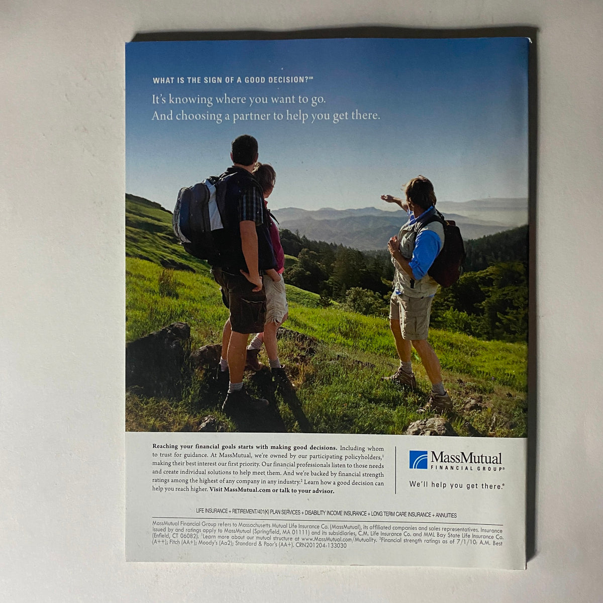 Back cover of Fortune Magazine August 16, 2010, promoting financial decision-making with an advertisement for MassMutual, capturing the scenic view of a hiking group.