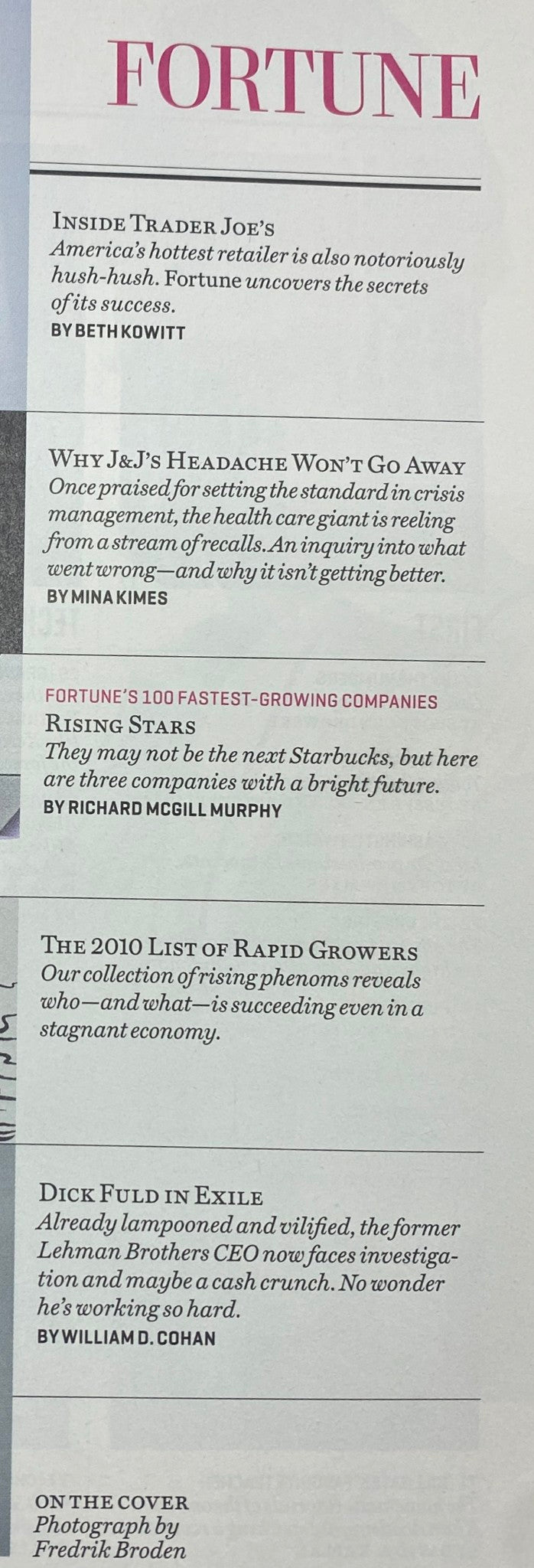 Inside page of Fortune Magazine September 6, 2010, listing articles including insights on Trader Joe's, J&J's challenges, and the 100 Fastest-Growing Companies.