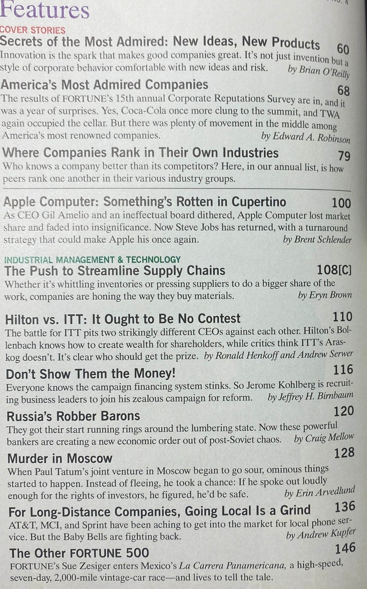 Table of contents from Fortune Magazine, March 3, 1997, highlighting features like 'Secrets of the Most Admired' and 'America's Most Admired Companies'.