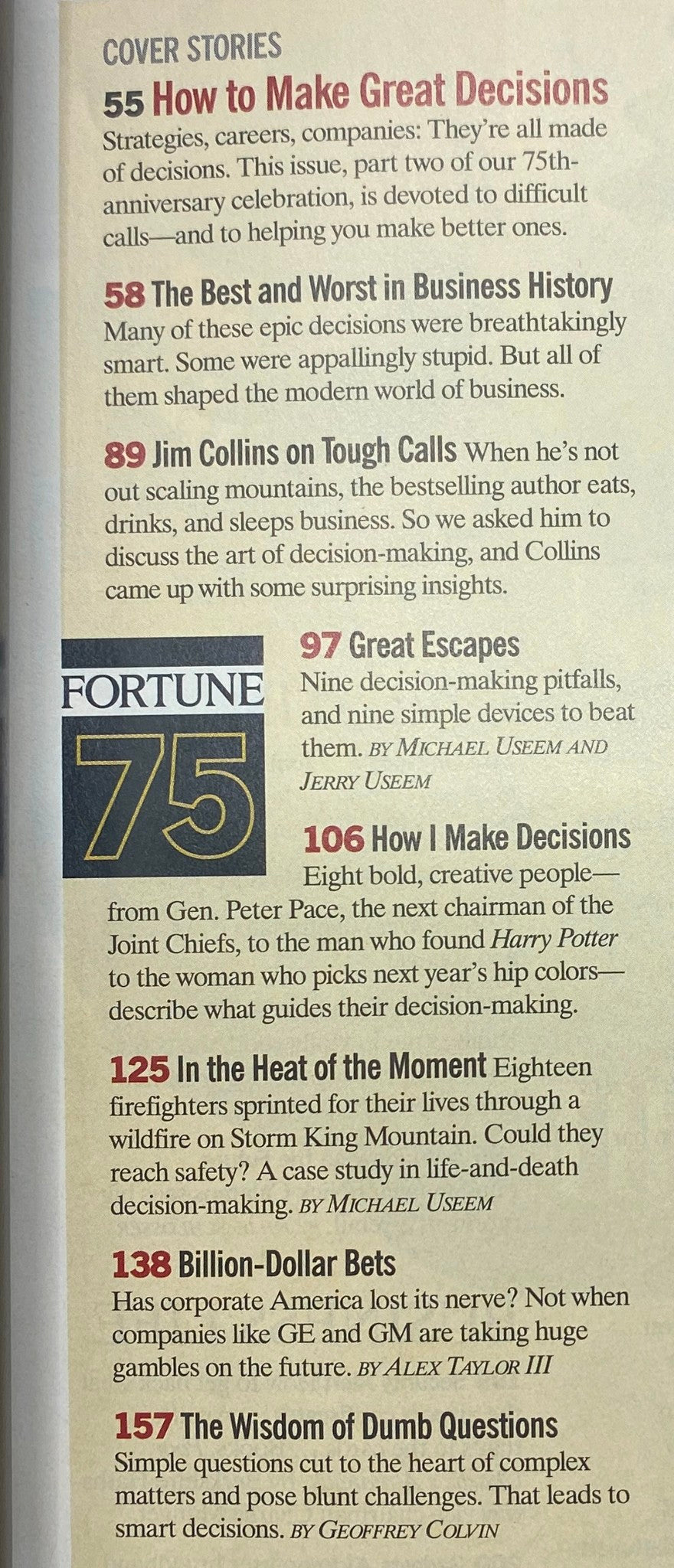 Inside page of Fortune Magazine June 27, 2005, showcasing cover stories including 'The Best and Worst Calls in Business History' and insights from Jim Collins.